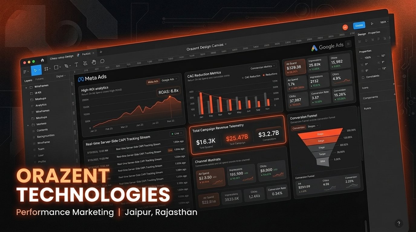 Performance marketing agency team at Orazent Technologies in Jaipur running high-ROAS Google and Meta ad campaigns